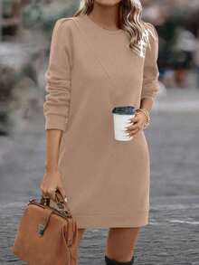 SHEIN LUNE 纯色泡泡袖卫衣连衣裙，适合新年穿着 - 卡其色 - 查看 4