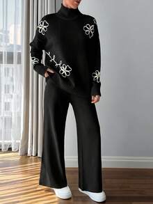 SHEIN Cottnline Women 3d Floral Embroidery Sweater Co-Ord Set - Black and White - View 7