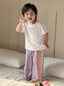 DAZY 2pcs/Set Toddler Boys' Casual Round Neck T-Shirt And Striped Pants Comfortable Pajamas - White - View 2
