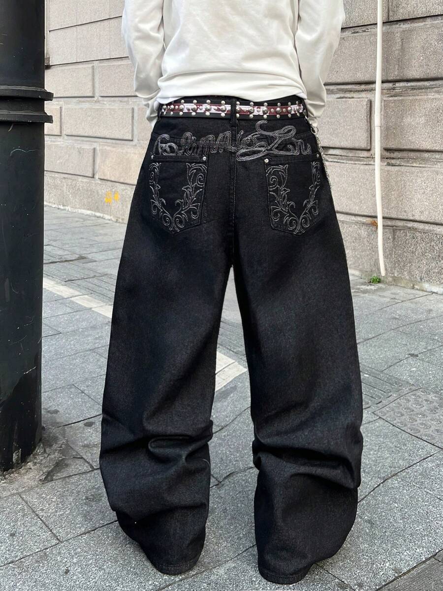 Manfinity EMRG 男士街头时尚休闲刺绣宽松阔腿牛仔裤 - 黑色 - 查看 1