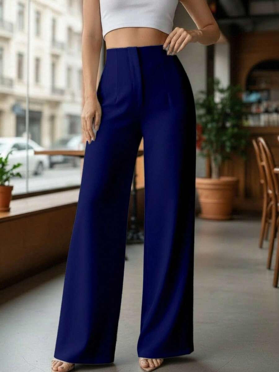 Pantalón Pinzas al Frente y Pierna Amplia. Tela Stretch. - Azul Marino - Ver 1