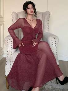 DAZY Spring/Summer Elegant Slim Fit Commuter Midi Dress With Sheer Mesh Ruffle Trim & Bell Sleeves, Suitable For Wedding, Valentine's Day - Burgundy - View 5