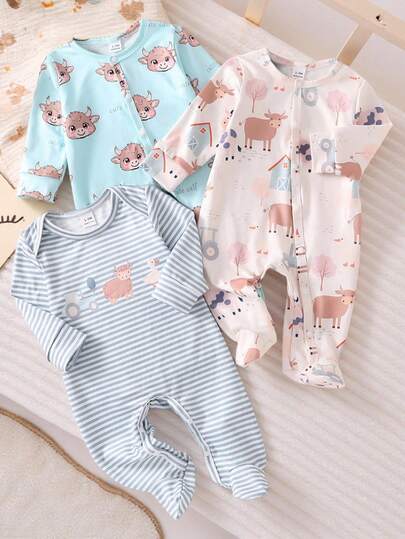Newborn Baby Pajamas-Newborn Footed One Piece Pajama Long Sleeve Front Zipper Animal Print Pastel Blue Pink Stripe Four Season 2026 New Year Essential