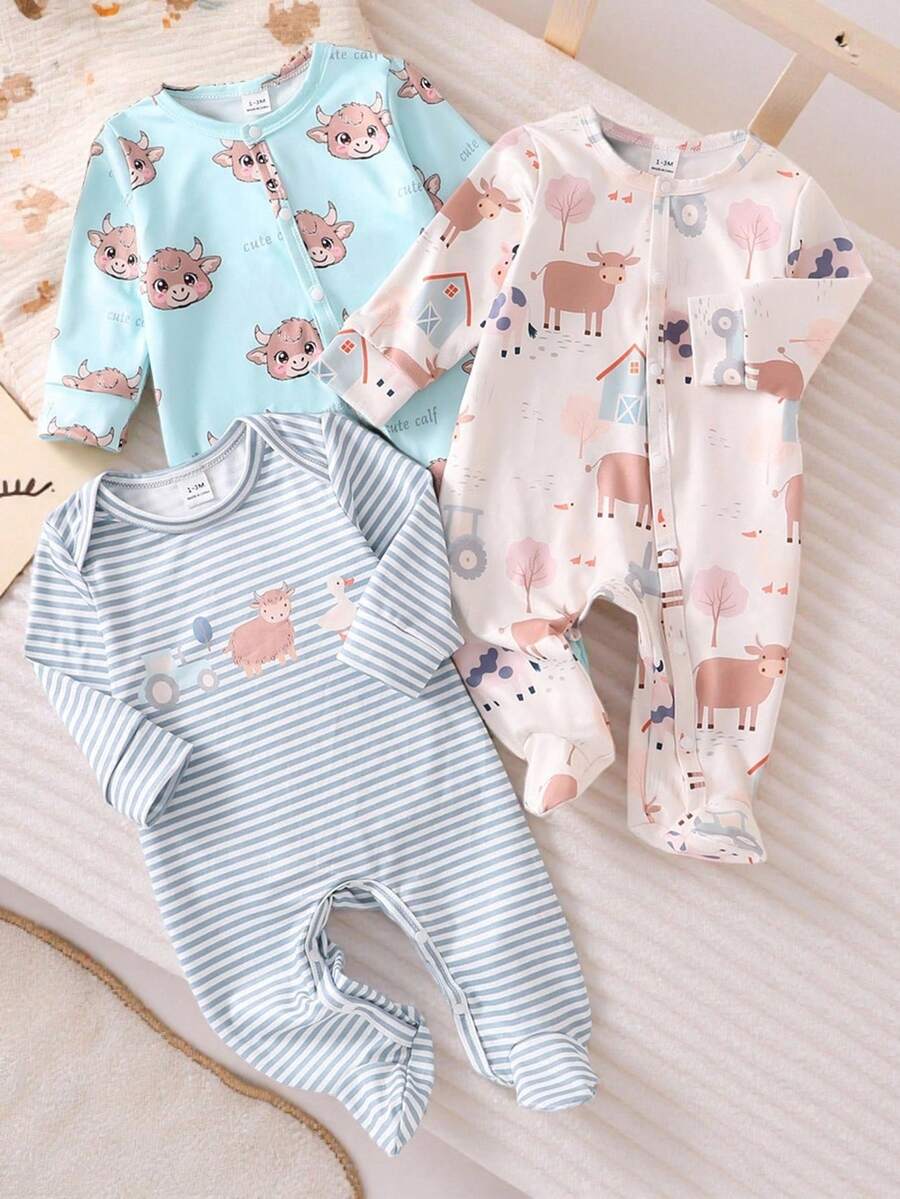 3件套新生儿豌豆绿条纹农场动物印花长袖连脚连体睡衣套装 - 橄欖綠 - 查看 1