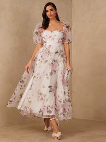 Enchnt Spring/Summer Romantic Women's White Floral Print Princess Maxi Dress,Sweet&Elegant For Vacation&Date&Holiday&Going Out&Valentine's Day,Spring Outfit Women - White - View 3