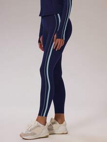 Musera Sport 条纹侧交叉低腰修身运动紧身裤，适合冬季运动、健身房锻炼、板式网球等。 - 藏蓝色 - 查看 3