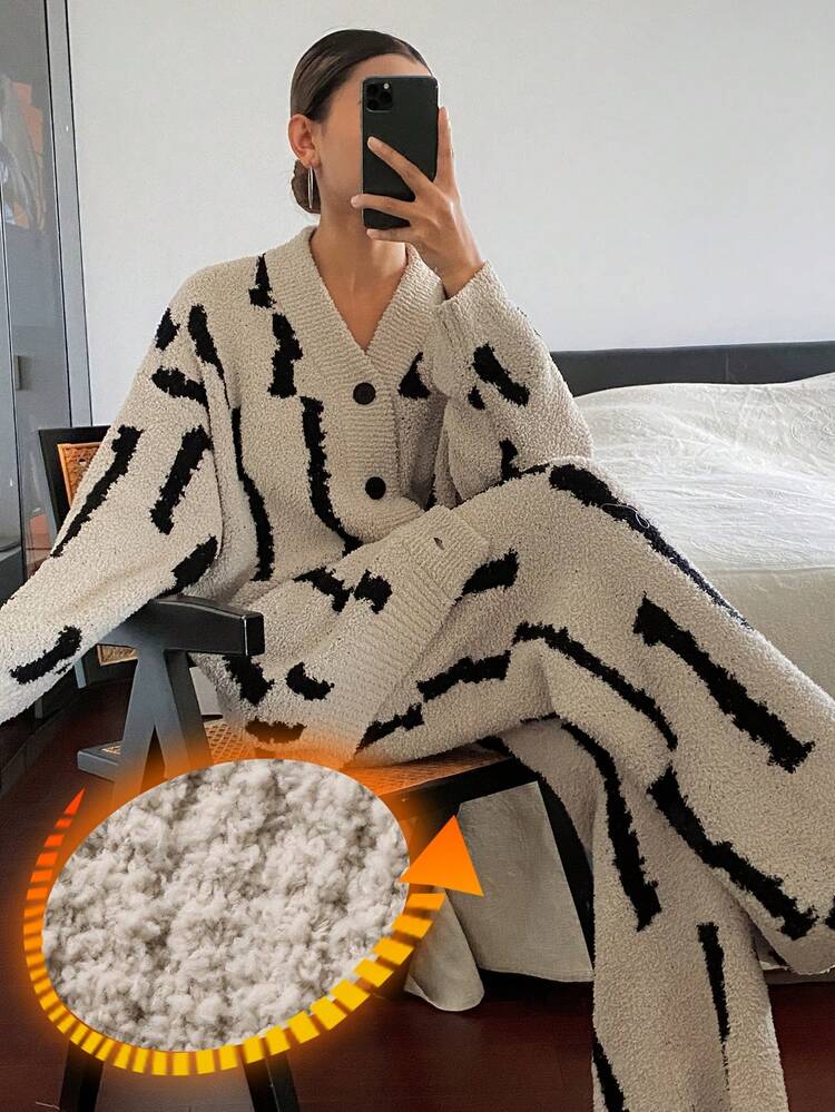 2pcs Women's Knitted Cardigan And Pants Pajama Set, Black Striped Textured Pattern, Winter