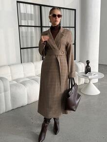 Lavishia Abrigo largo de lana a cuadros para mujer de otoño/invierno con cintura ajustable, elegante prenda exterior, de moda, adecuado para ir al trabajo y uso al aire libre en invierno, estilo Japandi - Caqui - Ver 8