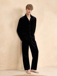 EverLounge Men's Velvet Collar Pajama Set With Double Pants, Elastic Waist, Thickened, No Pockets - Black - View 4