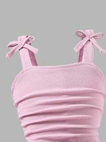 Women's Red Spaghetti Strap Bow Tie Waist Midi Dress, Sexy & Elegant, Beaded Textured Fabric, Back To School Season Tween Girl Pearl Dress Tween Girls Elegant Dress That Is Light Pink Young Girl Sleeveless Party Dress Cute Dresses For - Pink - View 5