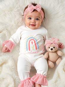 SHEIN 2件套新生女婴摄影服装，彩虹印花蕾丝边连体衣配同款蝴蝶结发带，新生儿回家服 - 彩色 - 查看 1