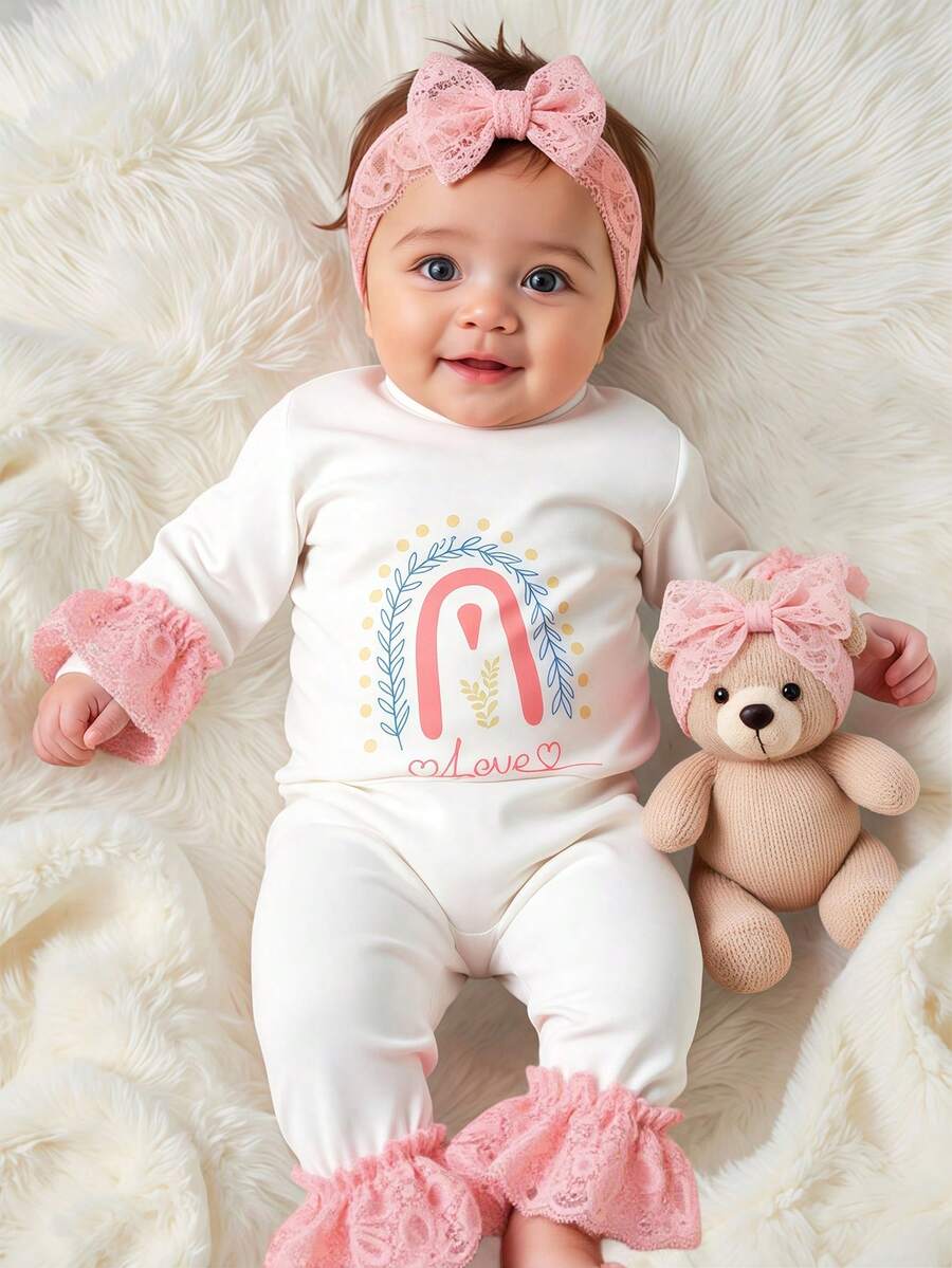 SHEIN 2件套新生女婴摄影服装，彩虹印花蕾丝边连体衣配同款蝴蝶结发带，新生儿回家服 - 彩色 - 查看 1