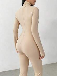 Flirla Black High Neck Fitted Flare Jumpsuit - Apricot - View 2