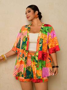 Travachic Plus Size Tropical Print Top And Shorts 2 Pieces Set, Casual Holiday Outfit - Multicolor - View 5