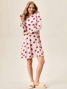 EURMUSE Women Striped With Contrast Colour Heart Pattern Long Sleeve Homewear Sleep Dreess - Pink - View 5