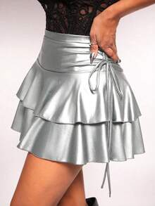 Radiana 女士性感休闲街头风弹力PU涂层面料抽绳腰带多层荷叶边迷你裙，适合日常穿着、音乐节、演唱会、狂欢派对、约会之夜、生日派对、单身派对、夜店、打造可爱休闲造型、购物、街头时尚、外出游玩，时尚百搭，修身显瘦。 - 銀色 - 查看 5