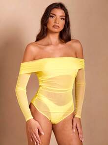 SHEIN BAE Women's Slim Off-Shoulder Solid Color Sexy Sheer Mesh Patchwork Ruched Bodysuit, Suitable For Halloween - Yellow - View 4