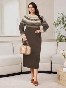 Modelyn 大码休闲宽松复古极简针织毛衣连衣裙 - 咖啡棕 - 查看 4