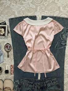 SHEIN Áo thun nữ cổ Peter Pan, tay ngắn, phối nhiều mảnh vải, thắt nơ phía trước. - Hồng - Xem 2