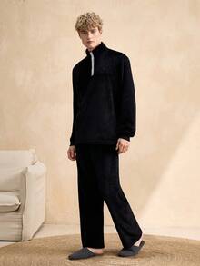 EverLounge Fleece Crew Neck Top And Pants Men's Pajama Set - Black - View 5