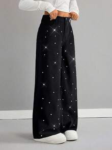 SHEIN 少女Y2K浅色水洗水钻装饰口袋阔腿宽松休闲牛仔裤，闪亮水钻宽松阔腿牛仔裤，秋冬休闲牛仔裤，宽松牛仔裤，机场休闲，阔腿裤，街头风，趣味牛仔裤，返校季，优雅派对闪亮，圣诞节 - 黑色 - 查看 3