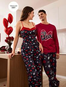 CoupledUp Set de pijamale casual pentru bărbați, cu imprimeu de litere, cu mânecă raglan și guler rotund, confortabil, pentru cupluri, cu tematică de Ziua Îndrăgostiților, cu tematică de buze roșii și "Draga mea", - Multicolor - Vizualizare 7