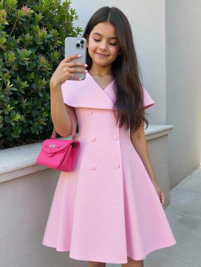 Firerie Kids Tween Girls' Pink Lapel Collar Dress, V-Neck Cardigan Dress, Business Commute Elegant Cute Casual Dress