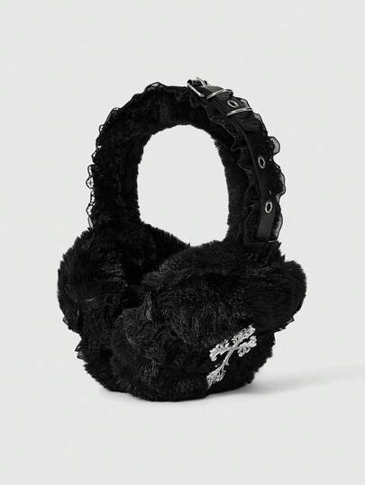 ROMWE Anime 1 st svarta Y2K punkstil metallnitdekor Millennium Baddie Goth svarta spindelöronmuffar, söta och coola fashionabla subkultur unisex varma öronvärmare