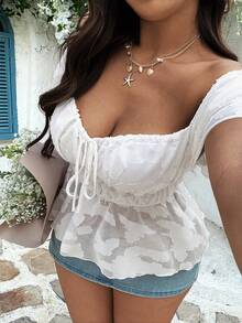 Sunnyshic Áo kiểu nữ cỡ lớn, màu trơn, kiểu dáng thường ngày, có phần khoét trước, thắt nơ, tay bồng. - trắng - Xem 3
