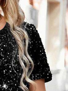 EMERY ROSE Women's Fitted Round Neck Short Sleeve T-Shirt With Digital Placement Print - Black - View 3