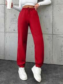 EURMUSE Cotton Women's Drawstring Waist Pocket Jogger Pants - Red - View 3