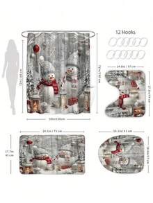 4pcs Winter Snowman Christmas Bathroom Curtain Set With Anti-Slip Bath Mat, U-Shaped Toilet Lid Cover And Rug - Polyester Waterproof Bathroom Decor, Machine Washable, Includes 12 Hooks, Waterproof, Woven Snowflake Pattern - Multicolor - View 4