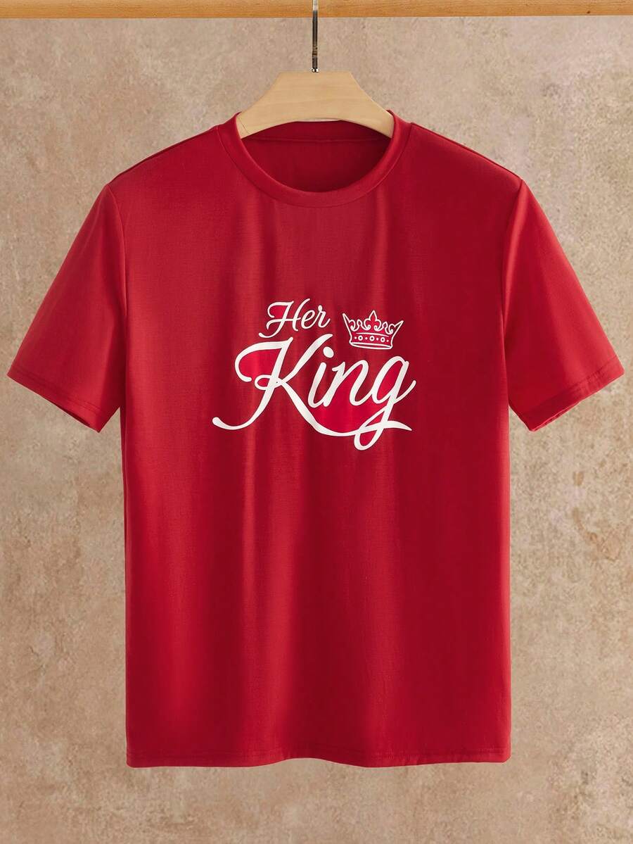 HIMLAND 男士休闲字母图案圆领短袖T恤，夏季情侣装，女士国王T恤，夫妻装，男女款T恤，红色男士套装，红色衬衫，男士图案国王衬衫