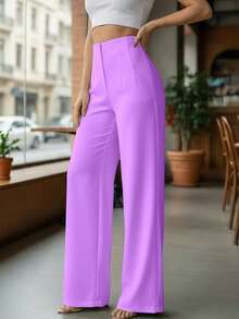 Pantalón Pinzas al Frente y Pierna Amplia.  Tela Stretch. - Lila Púrpura - Ver 3