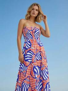 CAJUNI 女士休闲度假热带贝壳印花红蓝无肩带连衣裙，适合约会、外出，休闲优雅连衣裙 - 紅色 - 查看 3