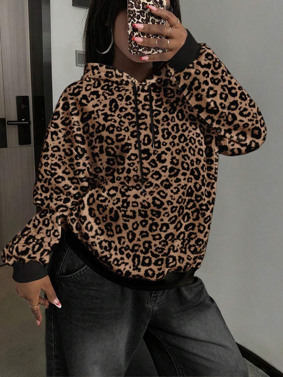 Rovax Áo nỉ nữ có mũ in họa tiết da báo màu kaki cho mùa thu/đông. - Màu Khaki - Xem 1