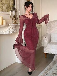 DAZY Spring/Summer Elegant Slim Fit Commuter Midi Dress With Sheer Mesh Ruffle Trim & Bell Sleeves, Suitable For Wedding, Valentine's Day - Burgundy - View 6