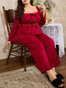 Côtesoire Ensemble décontracté de Top à manches longues avec garniture en dentelle et nœud, et pantalon large pour femmes grandes tailles - Rouge foncé - Voir 1