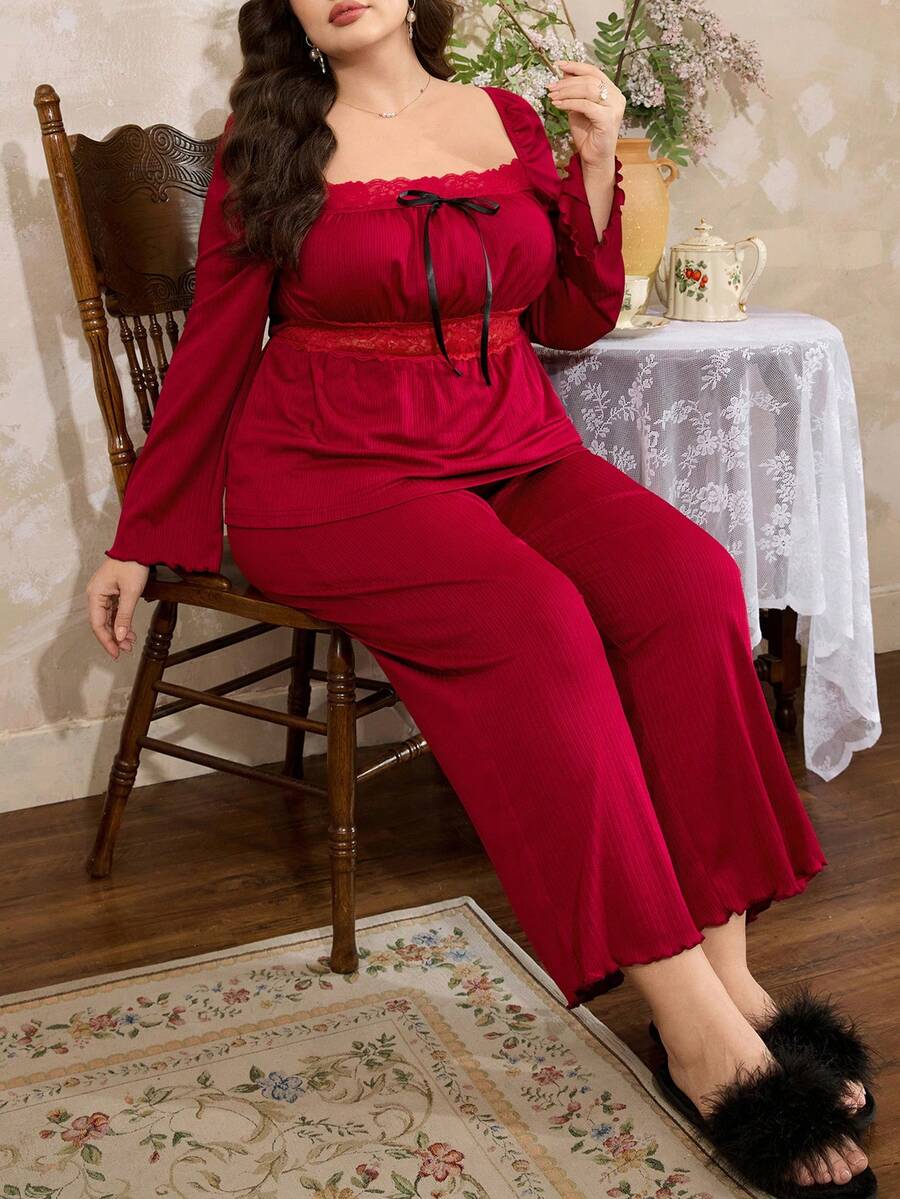 Côtesoire Ensemble décontracté de Top à manches longues avec garniture en dentelle et nœud, et pantalon large pour femmes grandes tailles - Rouge foncé - Voir 1