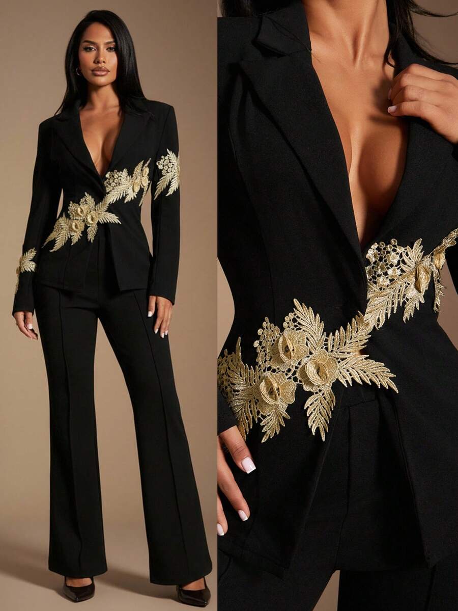 Radiana 女士优雅奢华黑色西装套装 - 金线刺绣西装外套 + 黑色长裤，两件套。精致的3D立体花卉刺绣装饰，适合商务、会议、宴会、派对和正式场合。 - 黑色 - 查看 1