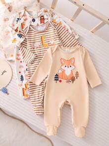 新生儿蓝色条纹橙色狐狸森林动物印花长袖连体衣套装 - 彩色 - 查看 1