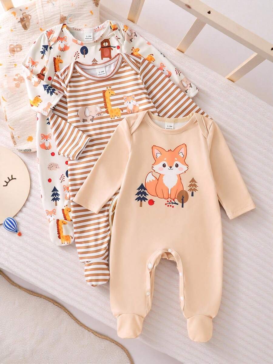 新生儿蓝色条纹橙色狐狸森林动物印花长袖连体衣套装 - 彩色 - 查看 1