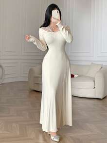 Feyla Women's Elegant Minimalist Long Sleeve Midi Dress, Everyday Wear Curve Dress Creme Dress Modest Dress Dress Long Long Dress With Sleeves Luxury Dress Dress Elegant - Apricot - View 7