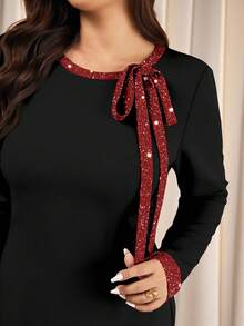 Elaquor Plus Size Women Black And Red Contrast Color Glitter Long Sleeve Elegant Party Dress,Autumn Christmas Western Bow Tie Casual Everyday Spring Dresses - Multicolor - View 6