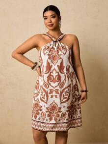 Travachic 大码波西米亚热带印花露背吊带连衣裙，休闲度假风，夏季沙滩裙，度假装扮 - 彩色 - 查看 5