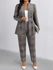 EMERY ROSE Plus Size Women Vintage Plaid Blazer And Pants Suit Set, Autumn/Winter - Rust Brown - View 4