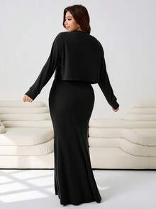 Solflare 一套加大码女式黑色落肩长袖毛衣和无袖针织连衣裙，秋冬季 - 黑色 - 查看 7