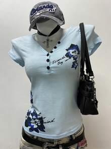 INAWLY Áo thun ngắn tay cổ chữ V in hoa, kiểu dáng thường ngày, thích hợp cho mùa hè. - Màu xanh nhạt - Xem 4