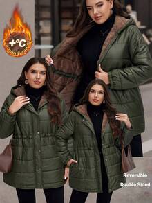 SHEIN LUNE Manteau d'hiver en polaire à capuche avec cordon de serrage à la taille et poches, grande taille. Manteau d'hiver pour femmes, idéal pour Noël. Manteau long pour femmes. Manteau femme vert olive. Vêtement d'extérieur femme chaud et coupe-vent, confortable et polyvalent.