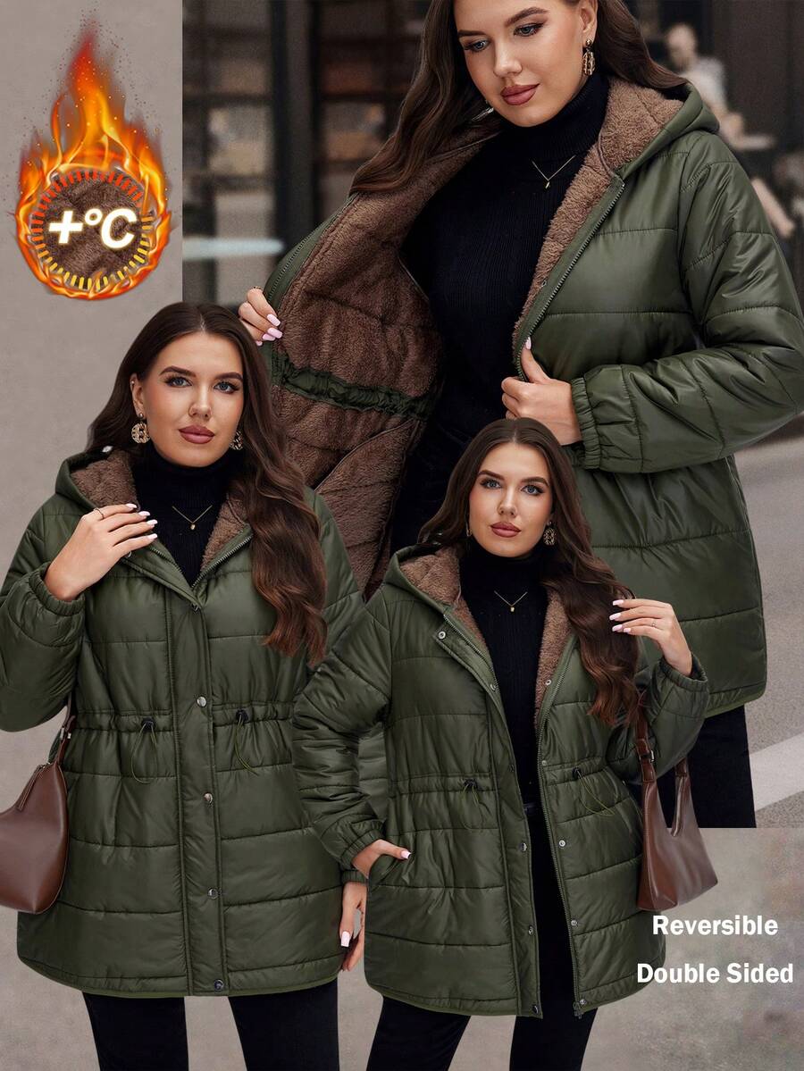 SHEIN LUNE Manteau d'hiver en polaire à capuche avec cordon de serrage à la taille et poches, grande taille. Manteau d'hiver pour femmes, idéal pour Noël. Manteau long pour femmes. Manteau femme vert olive. Vêtement d'extérieur femme chaud et coupe-vent, confortable et polyvalent.